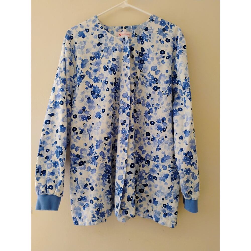 Large Blue And White Button Up Scrubs Coat With Pockets. Nurse. Doctor. Medical.